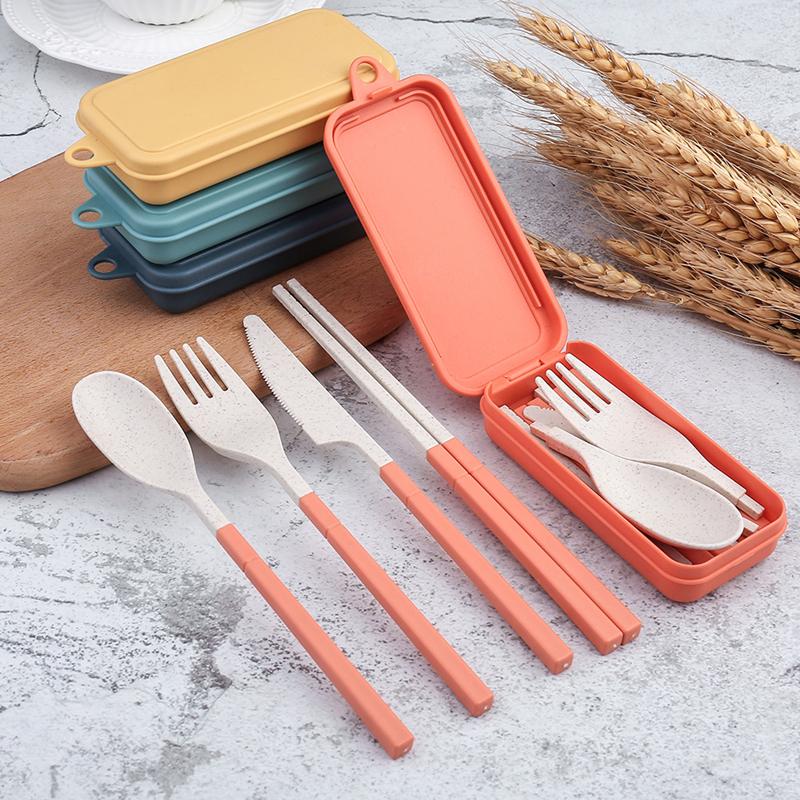 4Pcs Portable Tableware Set Wheat Straw Dinnerware Detachable Cutlery Travel Tableware Picnic Dinnerware Set Camping Cutlery Set