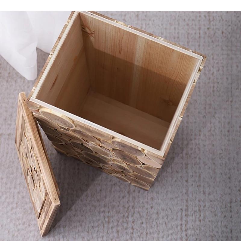 Wooden Trash Bin Living Room Chip Splicing Process Technology with Lid Paper Basket Decor Home Items