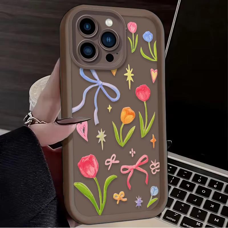 Color Flower Bow Pattern Phone Case For iPhone 16e 16 Pro Max 15 14 Plus 13 12 Mini 11 Pro Shockproof Silicone Soft Back Cover