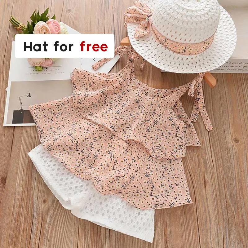 Girls Clothing Sets  Summer Kids Clothes Floral Chiffon Halter+ Embroidered Shorts Straw Children Clothing