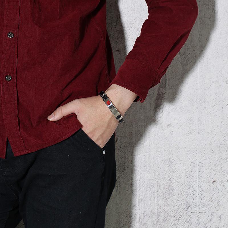 Men  Black Leather Medical Alert Bracelet with Carving Disease