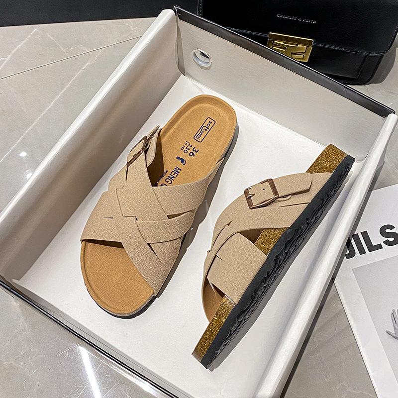 Thick-soled slippers women's summer outer wear new retro flat-bottomed cross-strapped slippers cork bottom large size