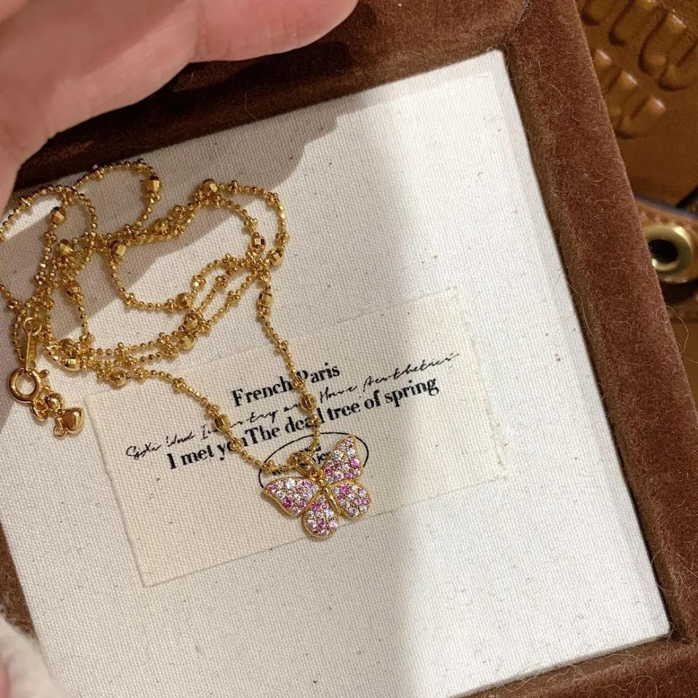 Luxury Butterfly Pendant Necklace with Pink Sapphire and Diamond French Vintage Jewelry for Women