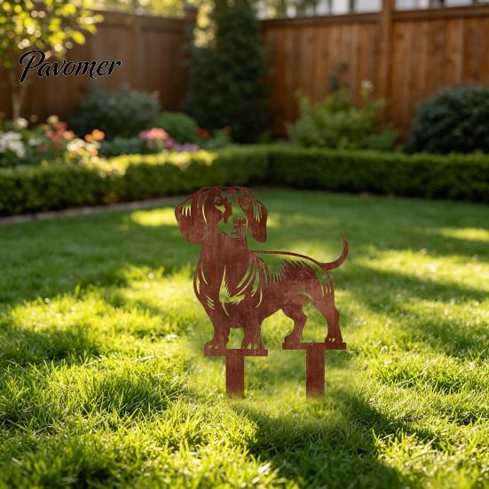 Niedliche Hundeblumenbeet-Dekoration Metall-Dackel-Gartenspieß, Rostige Tier-Silhouette Dekorative Hofspieße Kunst für Draußen Rasen, Weg, Terrasse, Skulptur