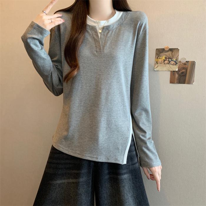 

Unique Irregular Slit Color Block Long Sleeve Knitwear for Women - Plus Size Spring/Autumn 2026 2XL сірий колір