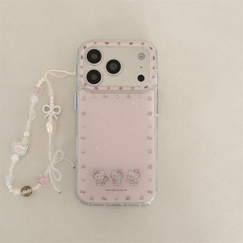 Kawaii Hello Kitty Pink Glitter Phone Case For iPhone 15 16 17 Pro Max Bow Star Pattern Clear Soft TPU Shockproof Cover with Cha