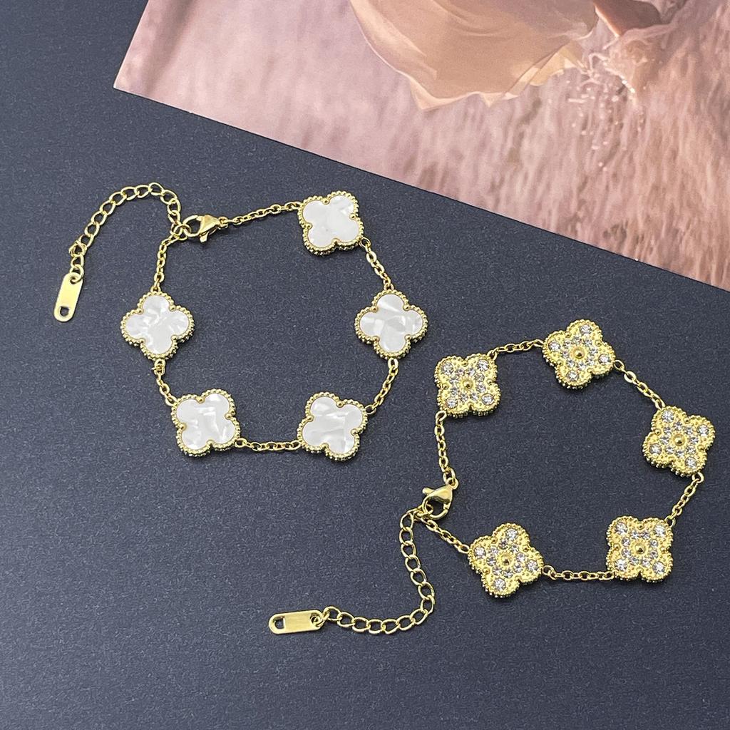 15MM One Side Full of Diamonds and The Other Side Inlaid with Shells Four-leaf Clover Bracelet Vacuum 18K Ladies Bracelet