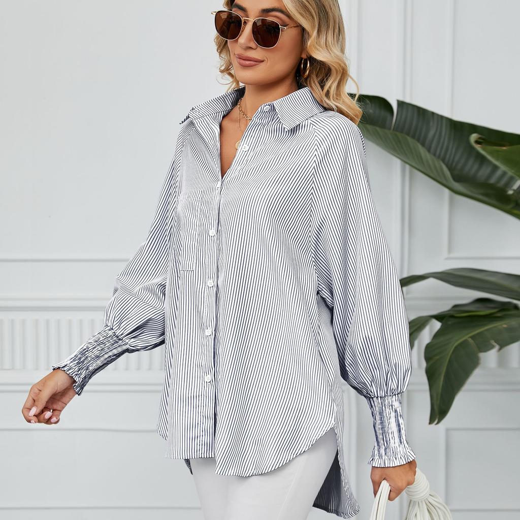 YYFS Damenmode Casual Frühling Herbst Streifendruck Langarm Polokragen Blusen & Hemden