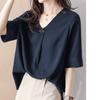 short for summer [Yino] Shirts, blouses, women's, sleeves, tops, V-neck, decorative, tucks, body-concealing, slimming, loose, plain, simple,