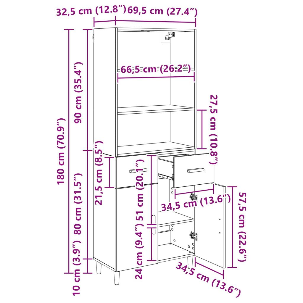 Highboard Reclaimed Wood 69.5 x 32.5 x 180 cm Particleboard