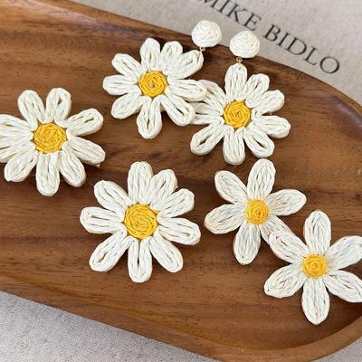 Summer White Rattan Knit Daisy Sunflower Long Drop Earrings For Women Statement Holiday Jewelry
