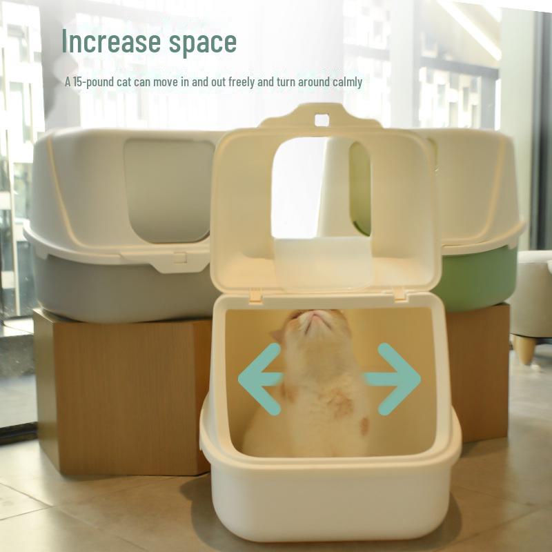 Uzavřená kočičí toaleta s odklápěcím víkem, deodorizační funkcí a lopatkou, odolná proti stříkající vodě a nadměrně velká pro snadné čištění
