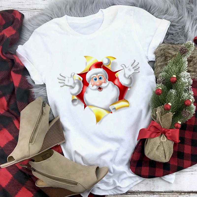 Cute Reindeer T Shirt Women Fashion Christmas Harajuku Short Sleeve T Shirt White Suitable All Seasons