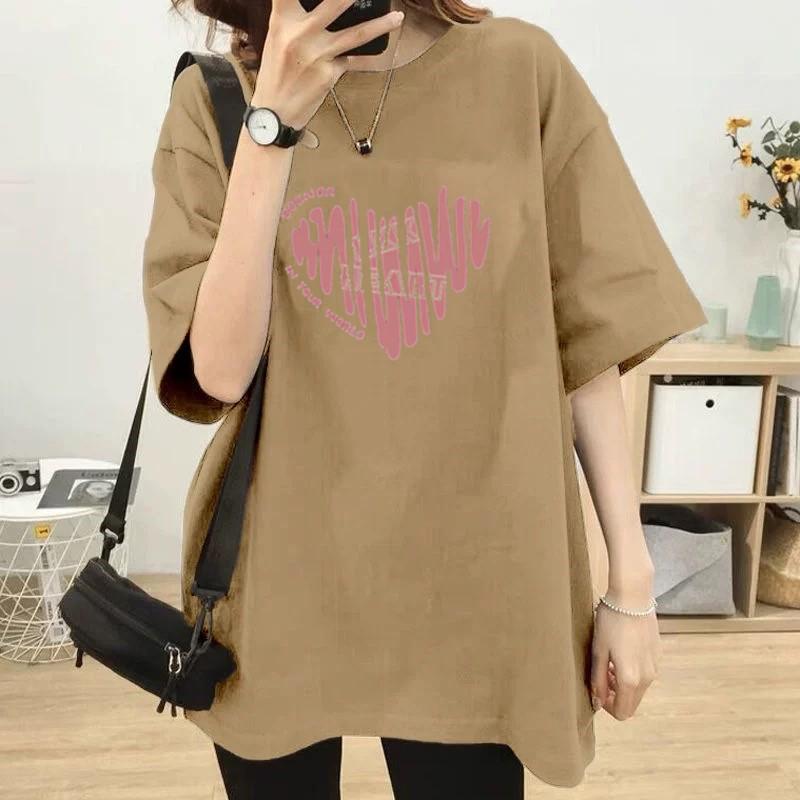 Plus Size Cotton T-Shirt - Women's Summer Short Sleeve Pink Heart Mid-Length Loose European Style