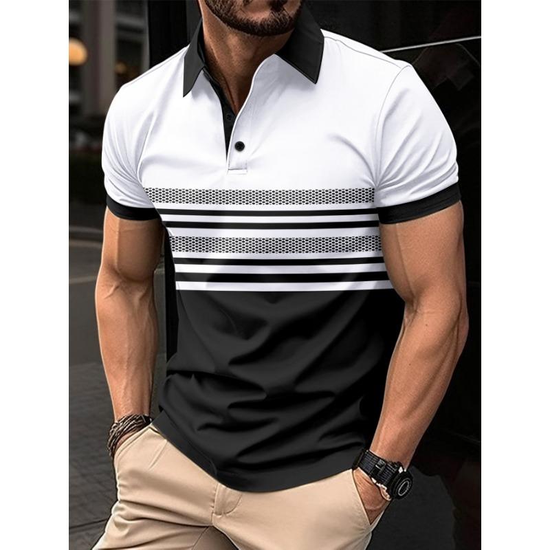 

Summer New Men s Daily Sports Casual Striped Printed Lapel Short-sleeved Pullover S білий