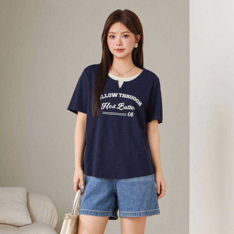 Caidoble Plus Size Women s Clothing American Retro Printing Color Contrast Tops Plus Size Ladies New Loose Slim Looking Pear-Shaped T-Shirt Navy Blue - Pre-Order 3XL
