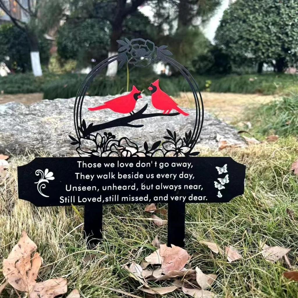 Metal Outdoor Garden Stake Memorial Plaque with Cardinal Bird Design Rust Resistant Iron Art Yard Lawn Decoration for Courtyard and Pathway Display