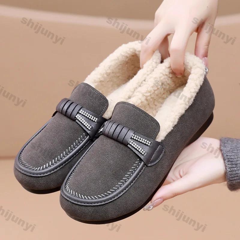 Winter Slip On Thick Plush Flats Shoes for Women Comfort Warm Casual Flat Non-slip Cotton Shoes Woman Solid Color Soft Sole Shoe