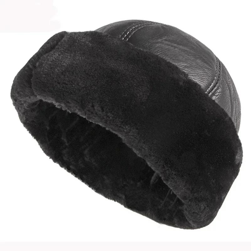 Thick Outdoor Warm Winter Hat Men Black Fur Leather Russian Male Windproof Snow Ski Cap Fleece Lined LS