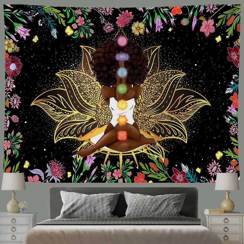 Ine Ive African Chakra Tapestry African American Woman Zen Meditation Tapestries 80x60 Inch Starry Sky Flower Garden Inspirational Afro Yoga Wall Art
