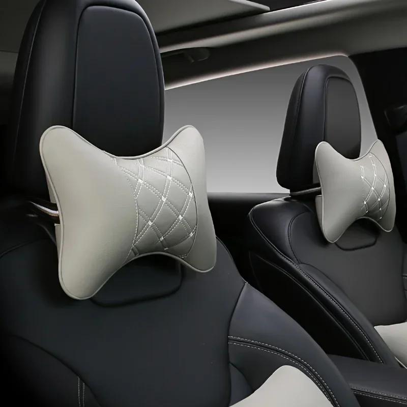 1pc Car Neck Pillow Both Side Pu Leather Headrest For Head Pain Relief Filled Fiber Black And Red Line Car Pillow 28x18x9cm