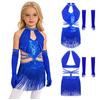Sleeveless Ruched Mesh Bodice Rhinestone Sequin Dress with Strappy Waist Tassel and Mesh Gloves for Girls Latin Dance Competition Stage