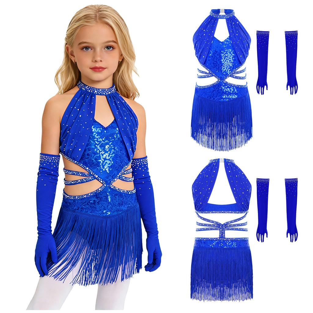 Sleeveless Ruched Mesh Bodice Rhinestone Sequin Dress with Strappy Waist Tassel and Mesh Gloves for Girls Latin Dance Competition Stage
