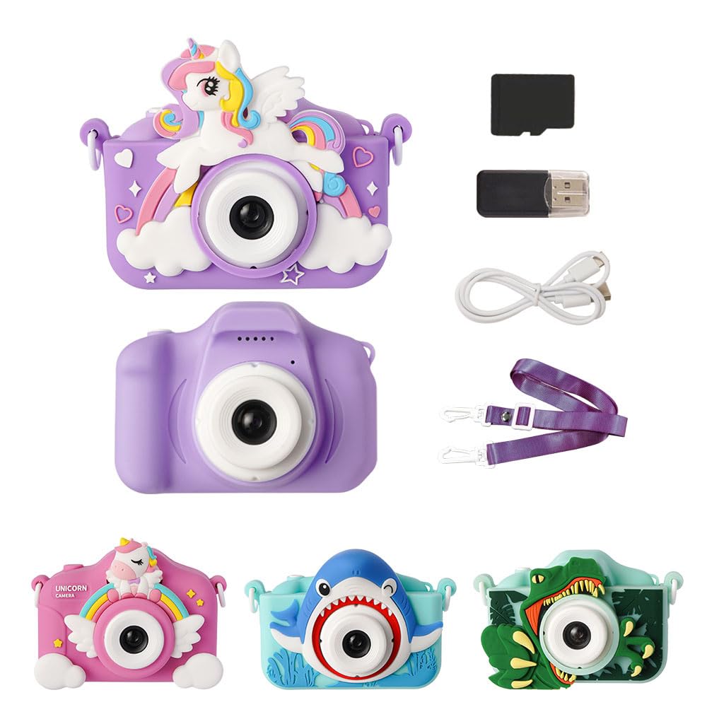Toy Camera with Silicone Cover and and Shark Up To 48 Includes Memory USB and Charging Kids' Strap, Unicorn, Dinosaur, Designs, Megapixels, Card,