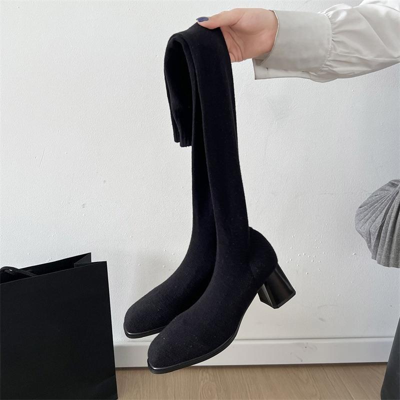 

Fashion High Heels Women Thigh High Boots Autumn Winter Pearl Elastic Fabric Slim Sock Long Booties 35 чорний