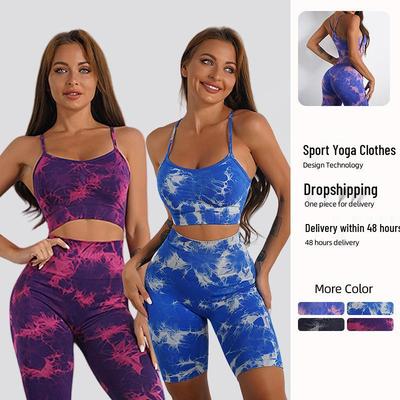 High-Waisted Tie-Dye Yoga Set: Naadloze Perzik Heupliftende Broek & Jacquard Sportvest