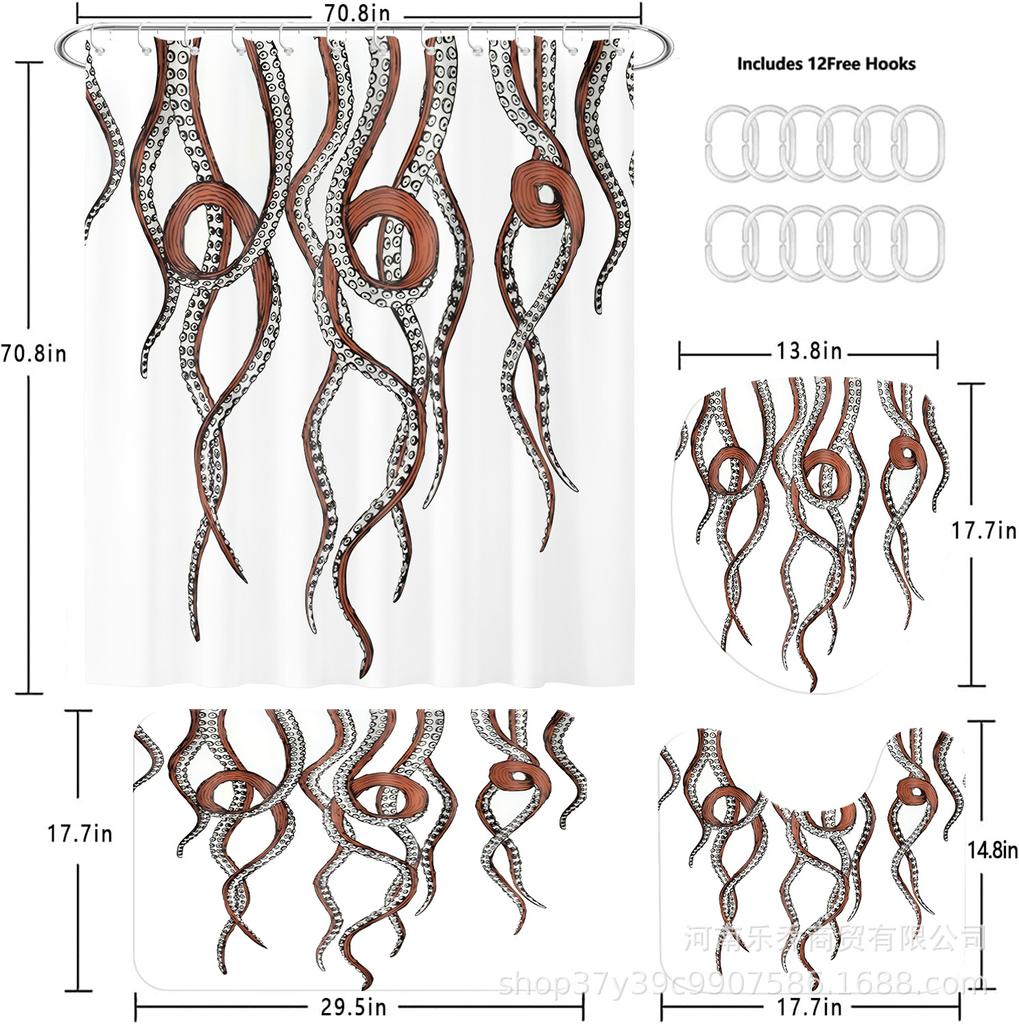 Duschdraperiset med bläckfiskfotsmönster och halkfri, vattenabsorberande badmatta
