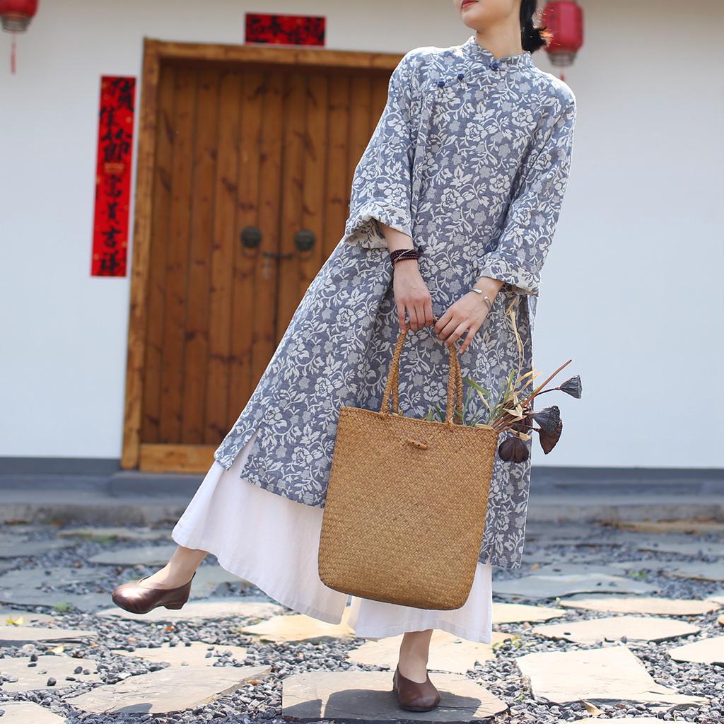 Johnature Women Chinese Style Print Floral Dress Stand Long Sleeve Spring Button Vintage Dress