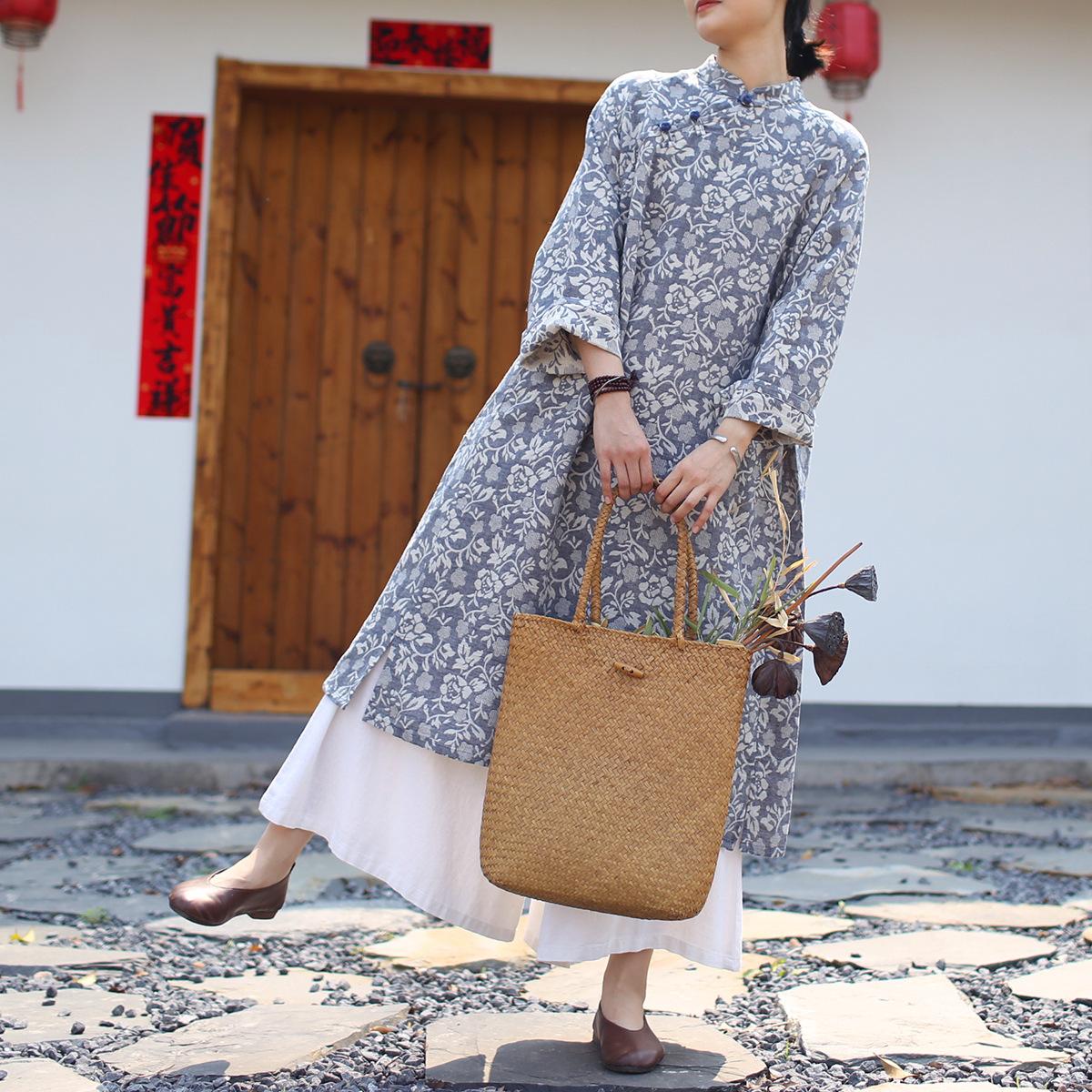 

Johnature Women Chinese Style Print Floral Dress Stand Long Sleeve Spring Button Vintage Dress One Size