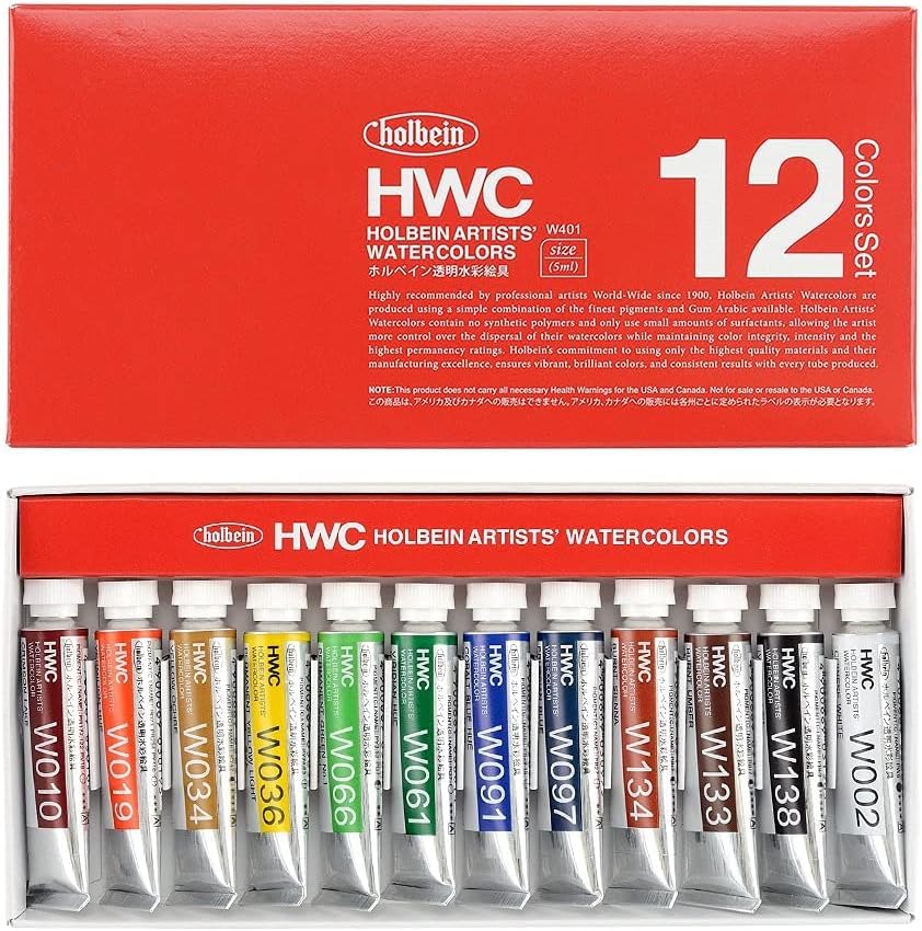 Holbein Art Transparent Watercolors, Made in Japan, "Transparent Watercolors, No. 2 Tubes (5ml), 12/18/24 Colors, Boxed Set" ASTM [AP Mark Non-Toxic]