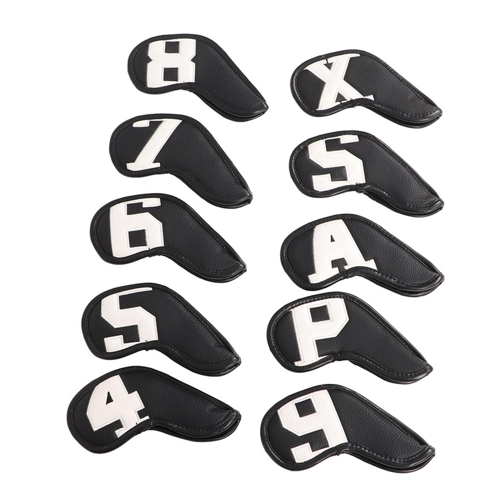 10pcs Set PU Waterproof Golf Club Iron Cover Fine Sewing Process Golf Club Head Protect Case(White Character Black
