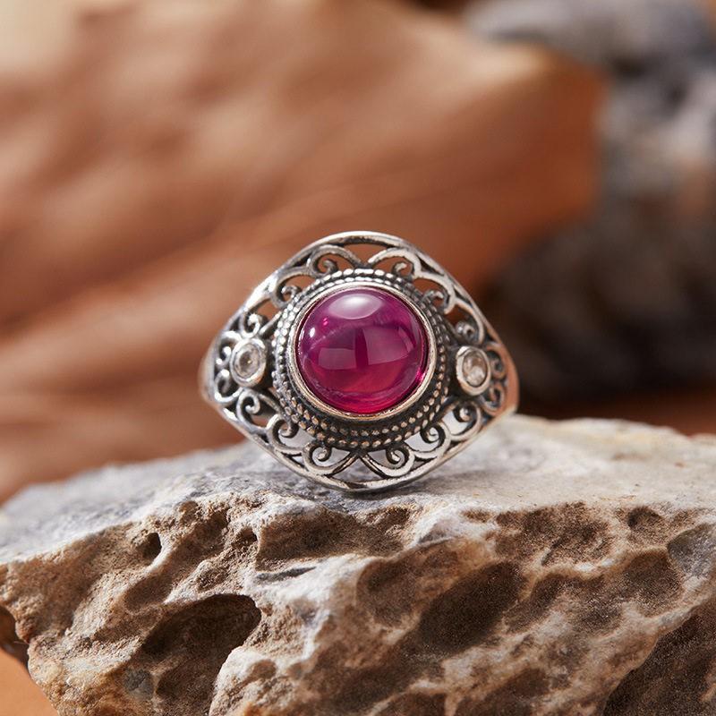 Adjustable Vintage Boho Ring Women Men Natural Stone Jewelry Geometric Hollow Design Copper Band
