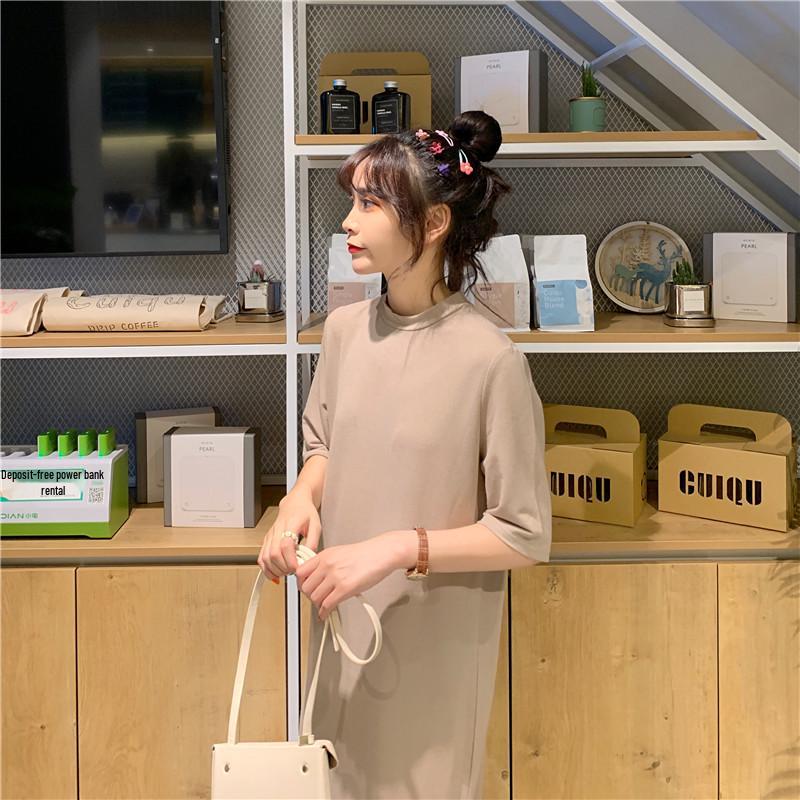 Casual Korean Style Over-the-Knee Slit Nightdress - Women's College Loose Fit Slimming T-shirt