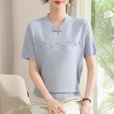Chic Knitted Short Sleeve Summer Top for Women - Age-Defying Fashion for Middle-Aged and Elderly
