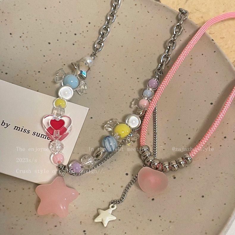 Dopamine Rainbow Candy Necklace Female ins Trendy Sweet Versatile Color Beaded Star Clavicle Chain Girlfriend Necklace