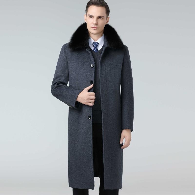 Cashmere Coat Men's Long Over-the-knee Daddy Woolen Woolen Coat Middle-aged Thickened Removable Down Liner Windbreaker