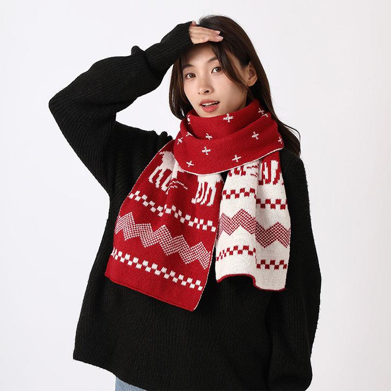 

Birthday gift Christmas knitted red scarf antlers female winter warm deer student wool scarf male