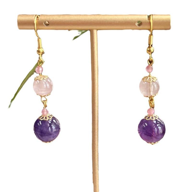 Gold Plated Natural Amethyst Clear Quartz Beaded Drop Earrings