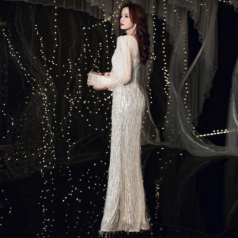 Golden Evening Dress Dress Women's 1011 New Banquet Temperament Long Birthday Sequins Student Host Dress