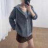 Lazy wind striped hooded sweater jacket women's autumn and winter new loose casual zipper knitted cardigan