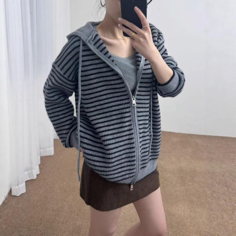 Lazy wind striped hooded sweater jacket women's autumn and winter new loose casual zipper knitted cardigan