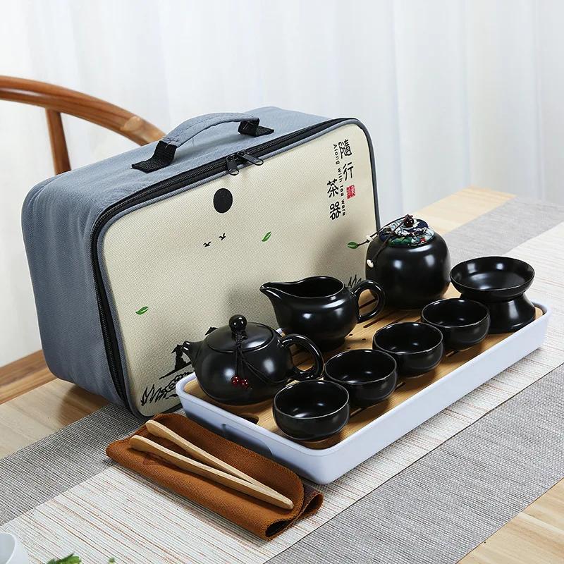 Ceramic Teapot One Pot Four Cup Outdoor Travel Kung Fu Tote Bag Set  Teaset Chinese Tea