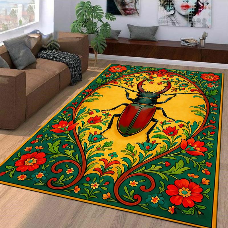 Colorful Beetle and Floral Pattern Carpet with Vibrant Yellow Background Suitable for use as an anti-slip for living room bedroom sofas