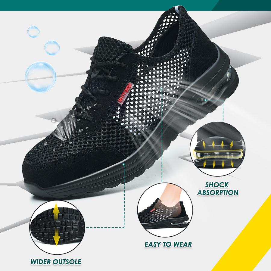 Men's Summer Steel Toe Safety Shoes Anti-Crush And Piercing Breathable Lightweight Outdoor Pure Black Work Shoes