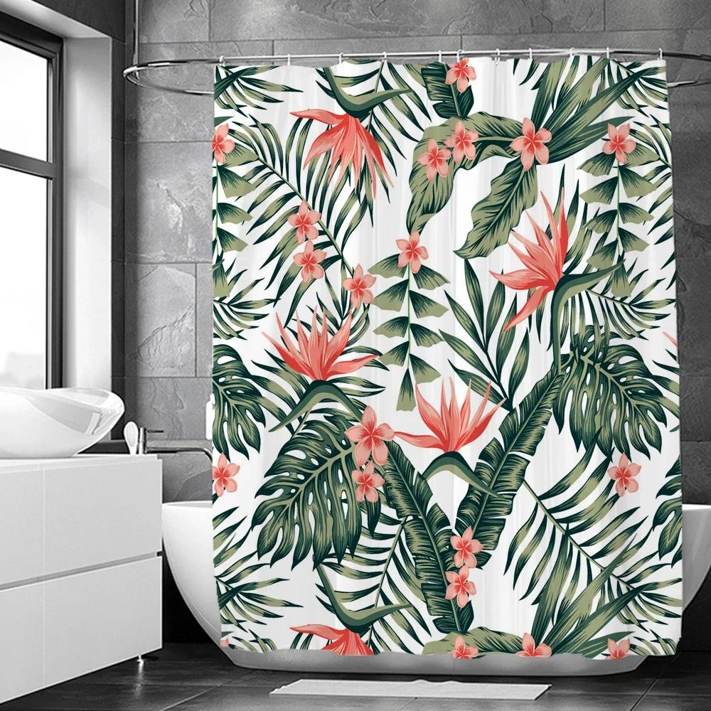 Green Plant Leaves Print Shower Curtains Watercolor Boho Floral Waterproof Morden Bathroom Bathtub Curtain Room Decor With Hooks