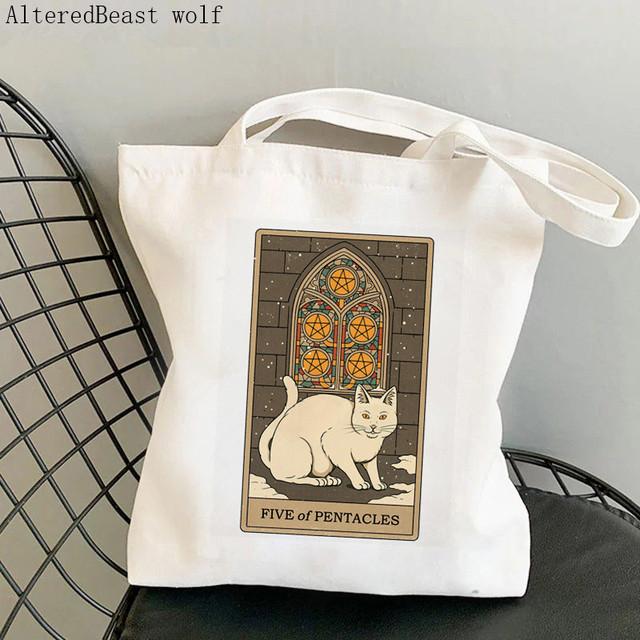 Dam Shopper bag katt Månen Tarot Tryckt Kawaii Väska Harajuku Shopping Canvas Shopper Bag flicka handväska Tote Axel Damväska